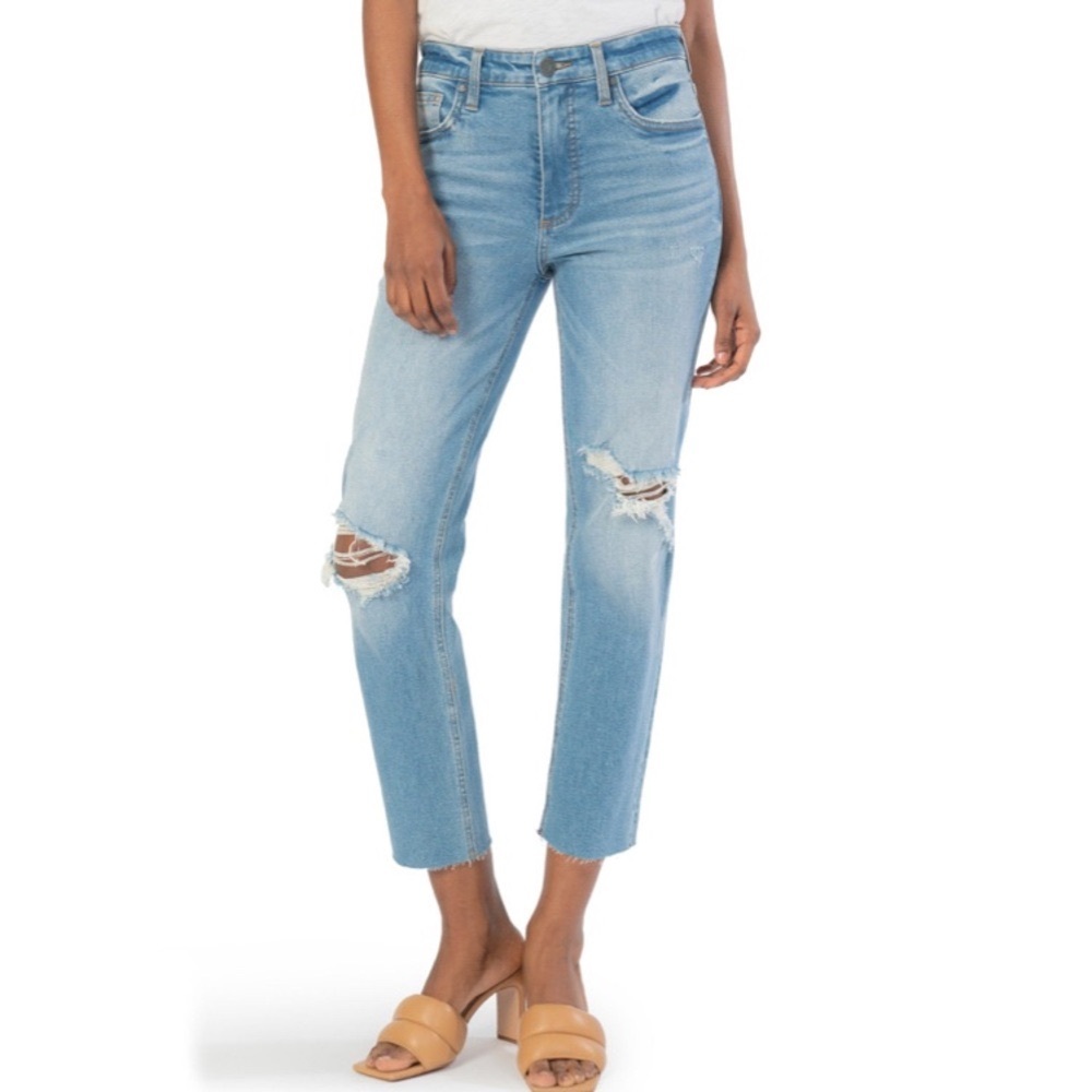 KUT from the Kloth Rachael Fab Ab Ripped High Waist Raw Hem Mom Jeans - Picture 2 of 9